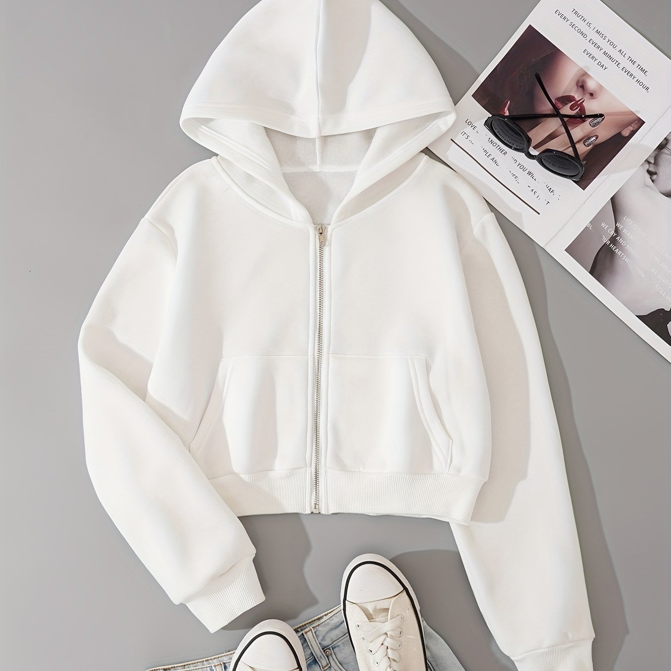 Zip Up Crop Hoodies Long Sleeve Sports Casual Sweatshirt