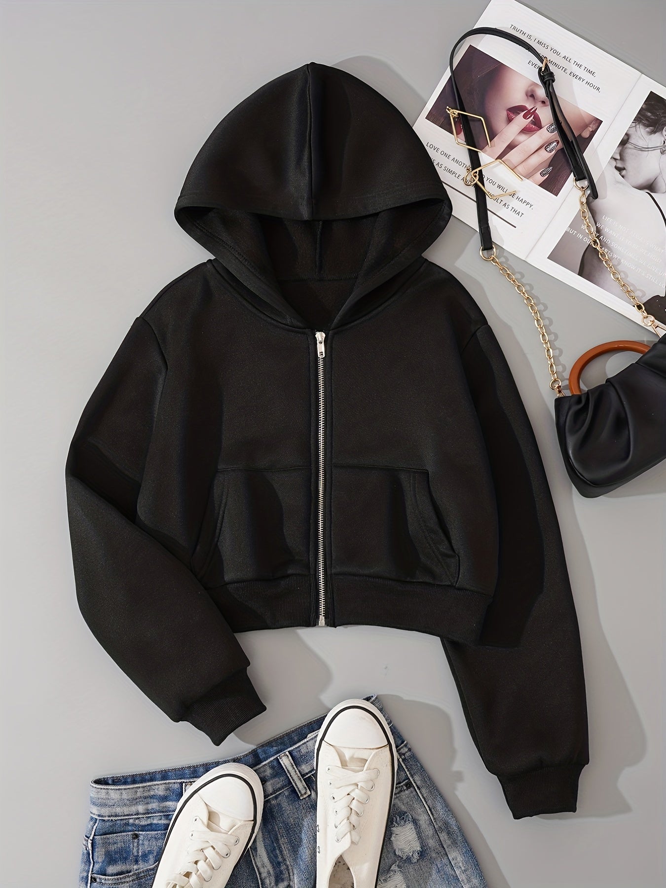 Zip Up Crop Hoodies Long Sleeve Sports Casual Sweatshirt