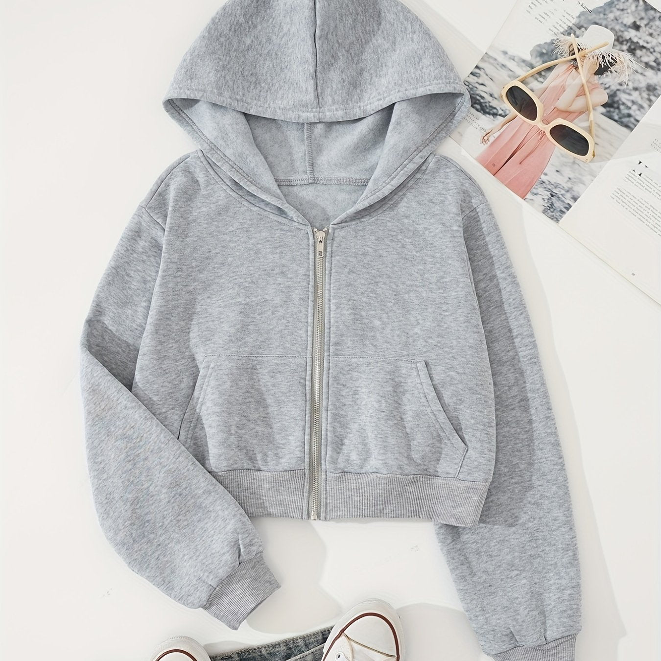 Zip Up Crop Hoodies Long Sleeve Sports Casual Sweatshirt