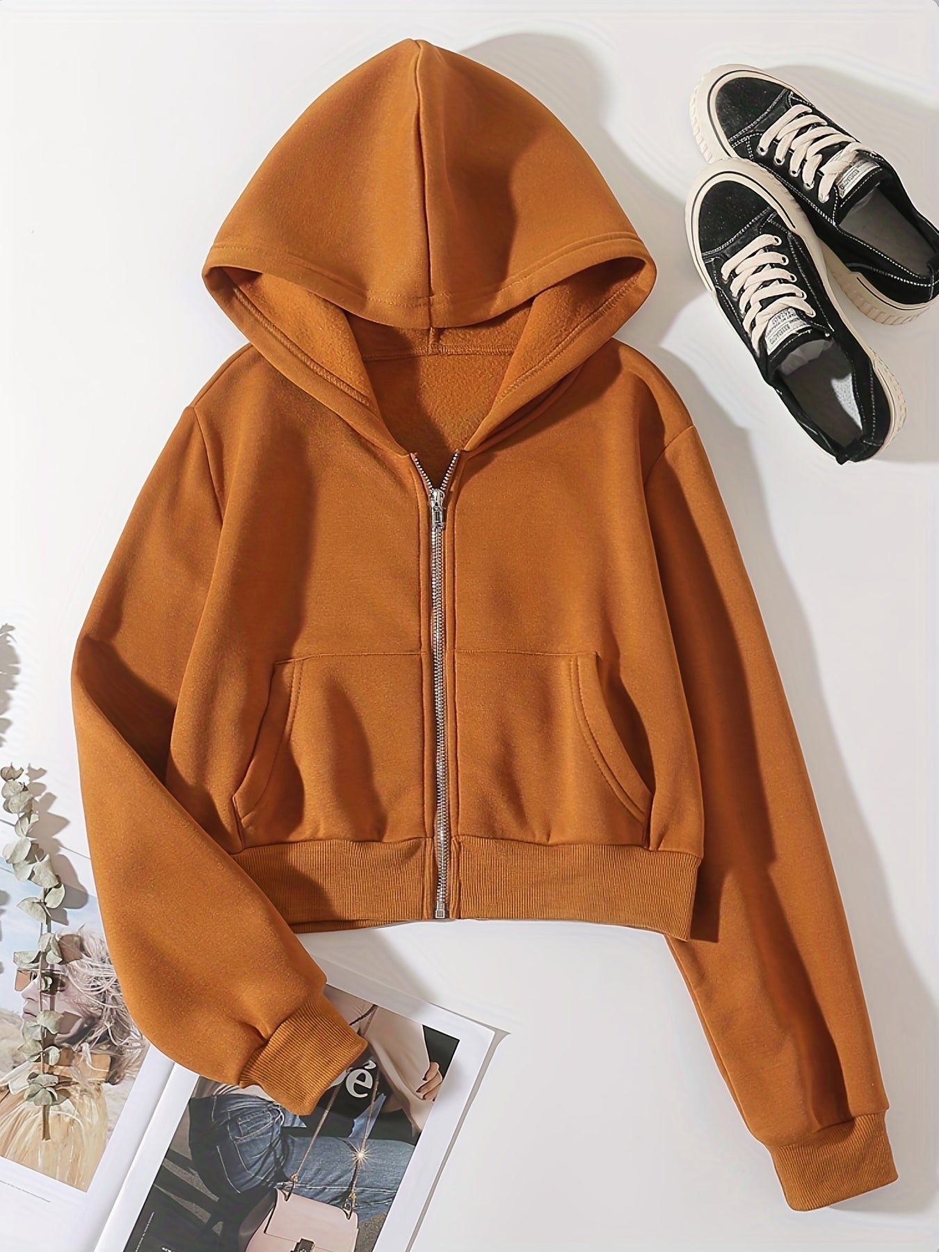Zip Up Crop Hoodies Long Sleeve Sports Casual Sweatshirt