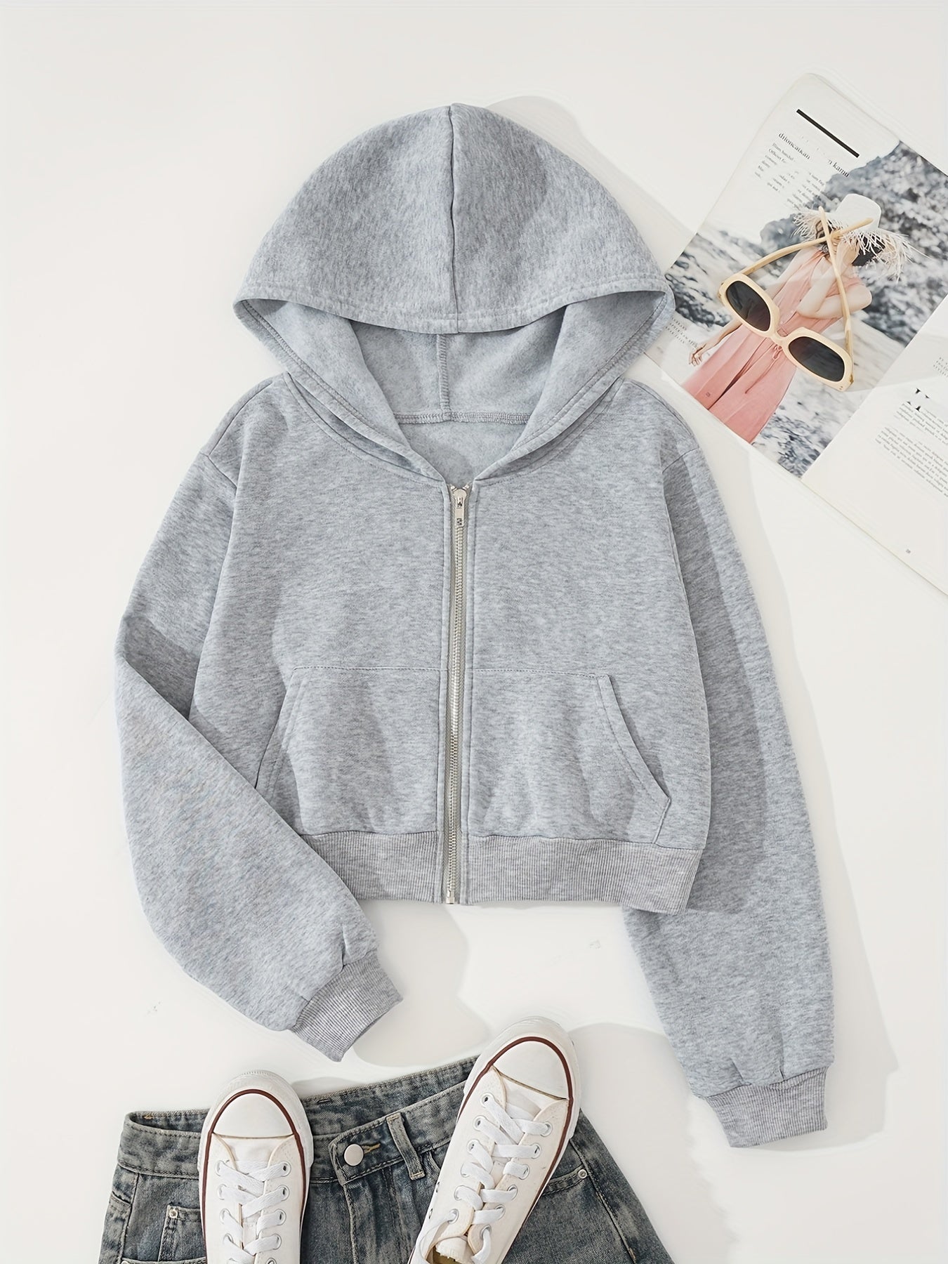 Zip Up Crop Hoodies Long Sleeve Sports Casual Sweatshirt
