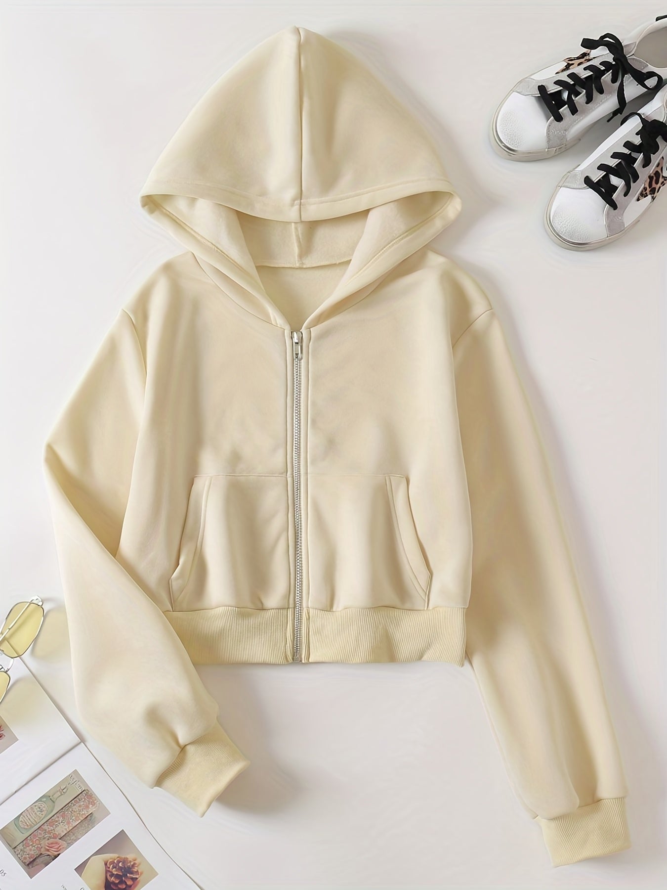 Zip Up Crop Hoodies Long Sleeve Sports Casual Sweatshirt