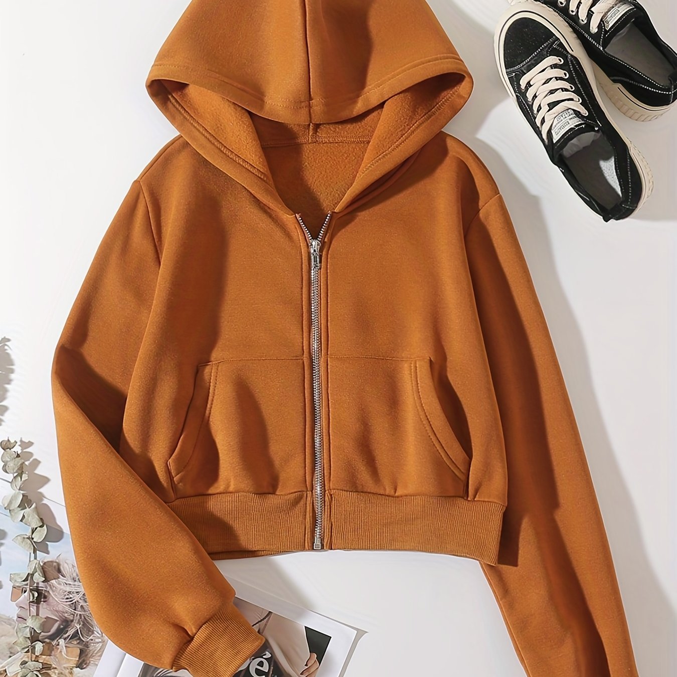 Zip Up Crop Hoodies Long Sleeve Sports Casual Sweatshirt