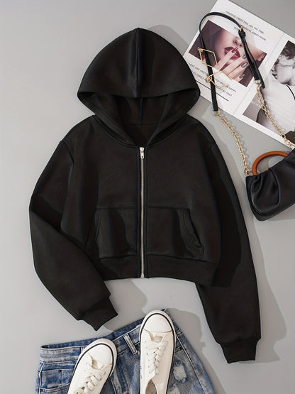 Zip Up Crop Hoodies Long Sleeve Sports Casual Sweatshirt