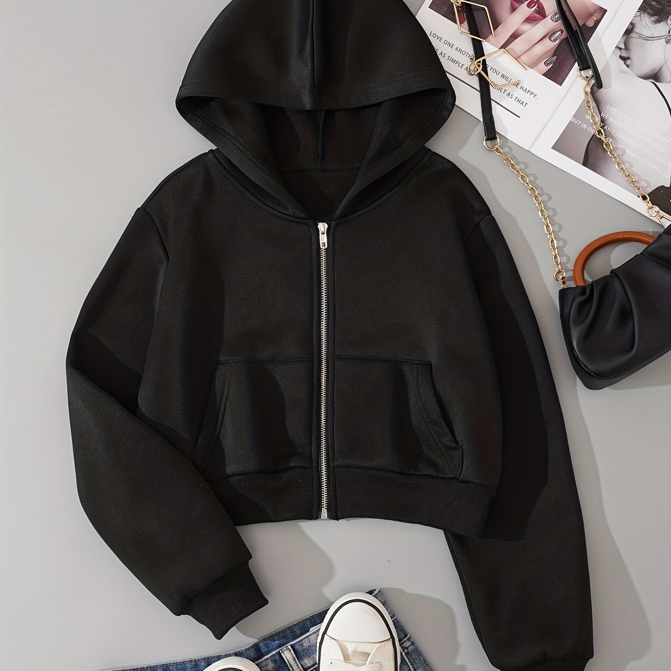Zip Up Crop Hoodies Long Sleeve Sports Casual Sweatshirt