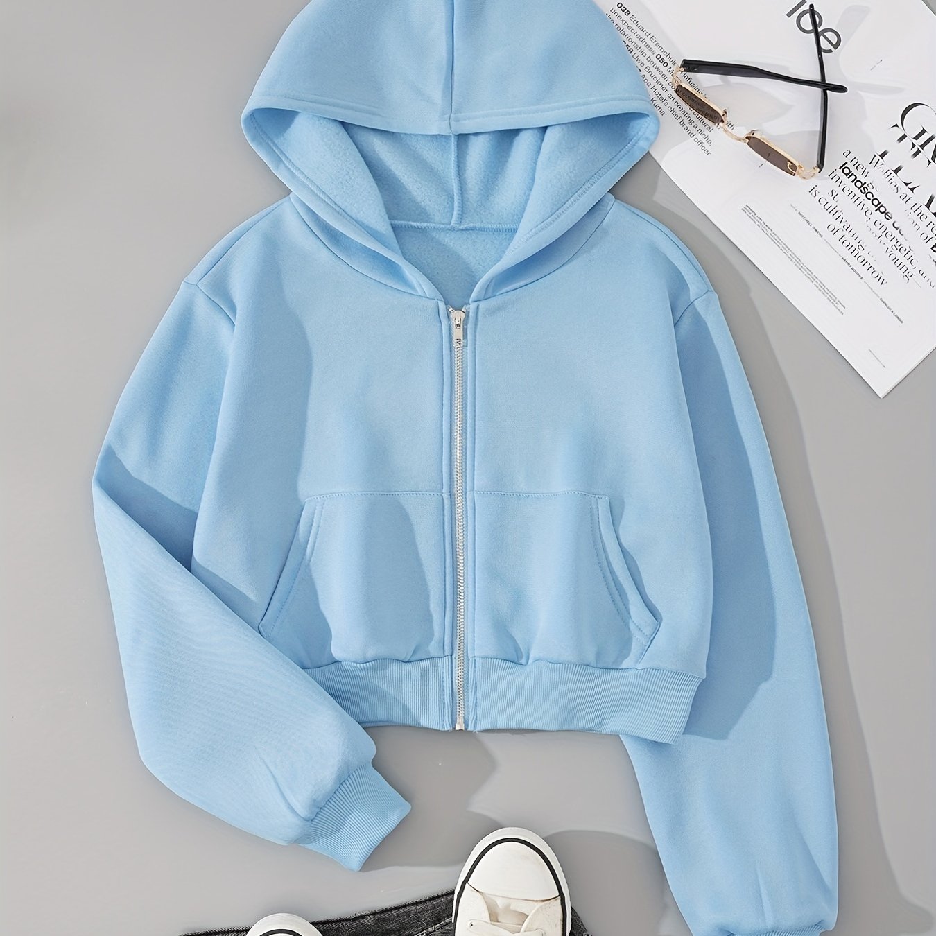 Zip Up Crop Hoodies Long Sleeve Sports Casual Sweatshirt