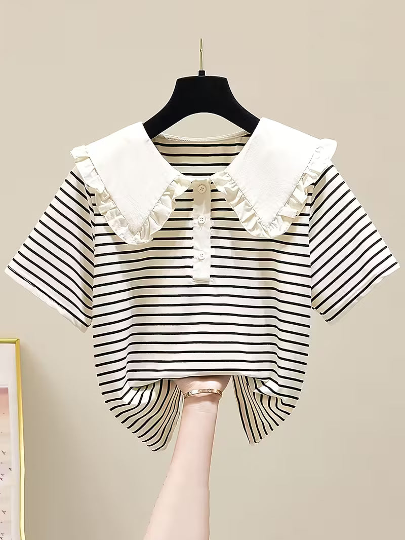 T-Shirt for Girls with Ruffled Stripes And a Doll Collar