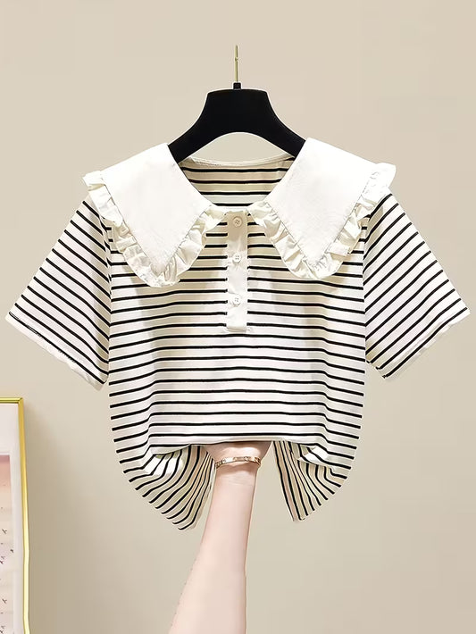 T-Shirt for Girls with Ruffled Stripes And a Doll Collar