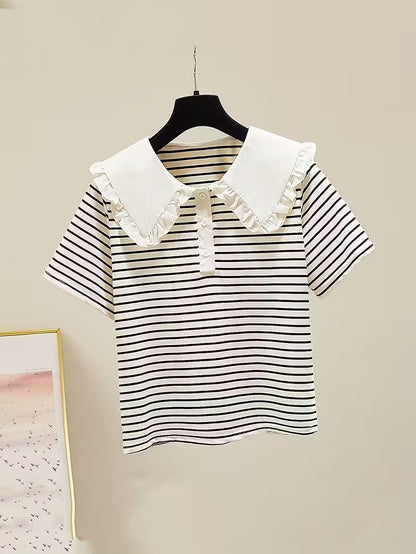 T-Shirt for Girls with Ruffled Stripes And a Doll Collar