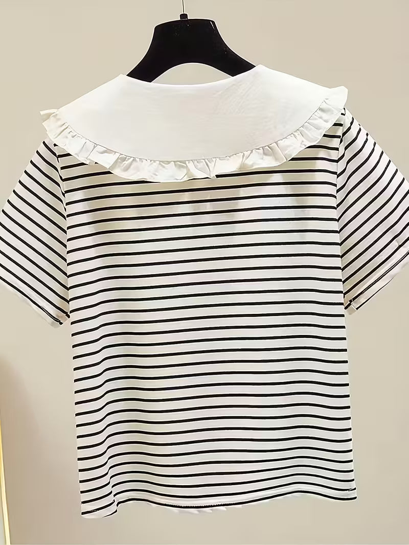 T-Shirt for Girls with Ruffled Stripes And a Doll Collar