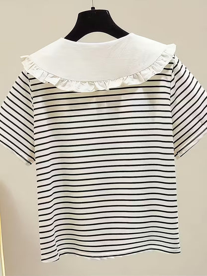 T-Shirt for Girls with Ruffled Stripes And a Doll Collar
