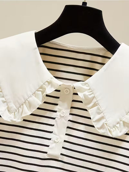 T-Shirt for Girls with Ruffled Stripes And a Doll Collar