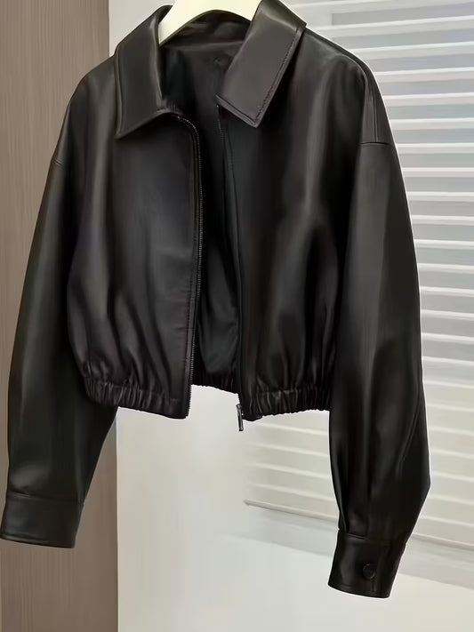 Women's Black Motorcycle Jacket - Stylish Zip-Up Biker Jacket
