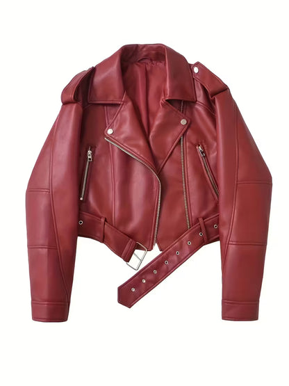 Women's Red Faux Leather Moto Jacket