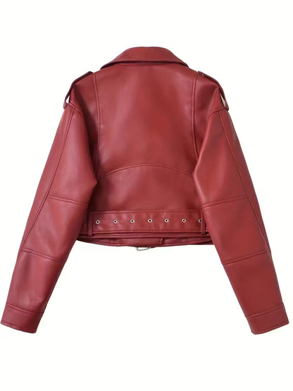 Women's Red Faux Leather Moto Jacket