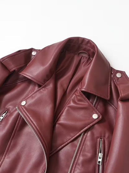 Women's Red Faux Leather Moto Jacket